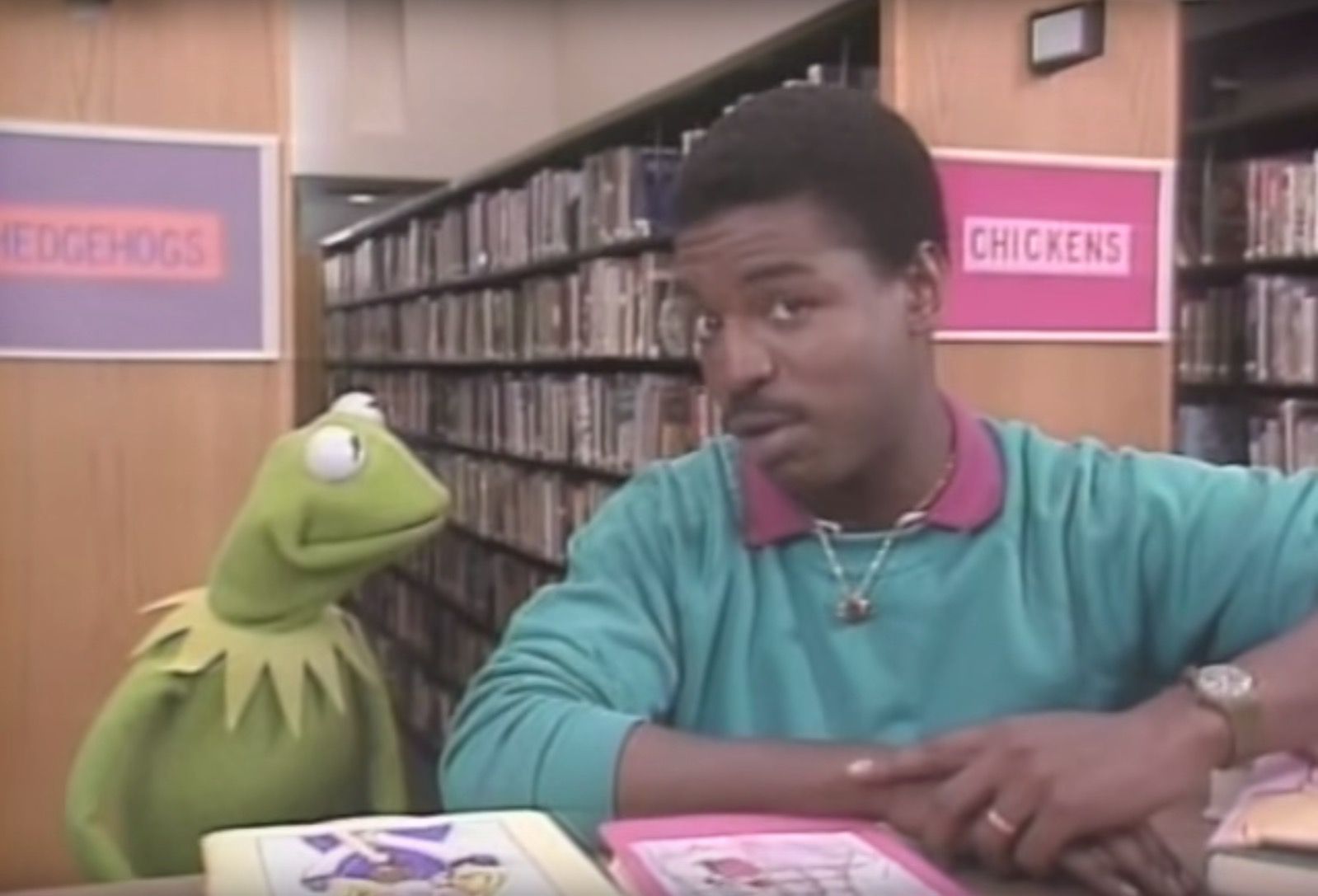 LeVar Burton talking to Kermit the Frog on Reading Rainbow