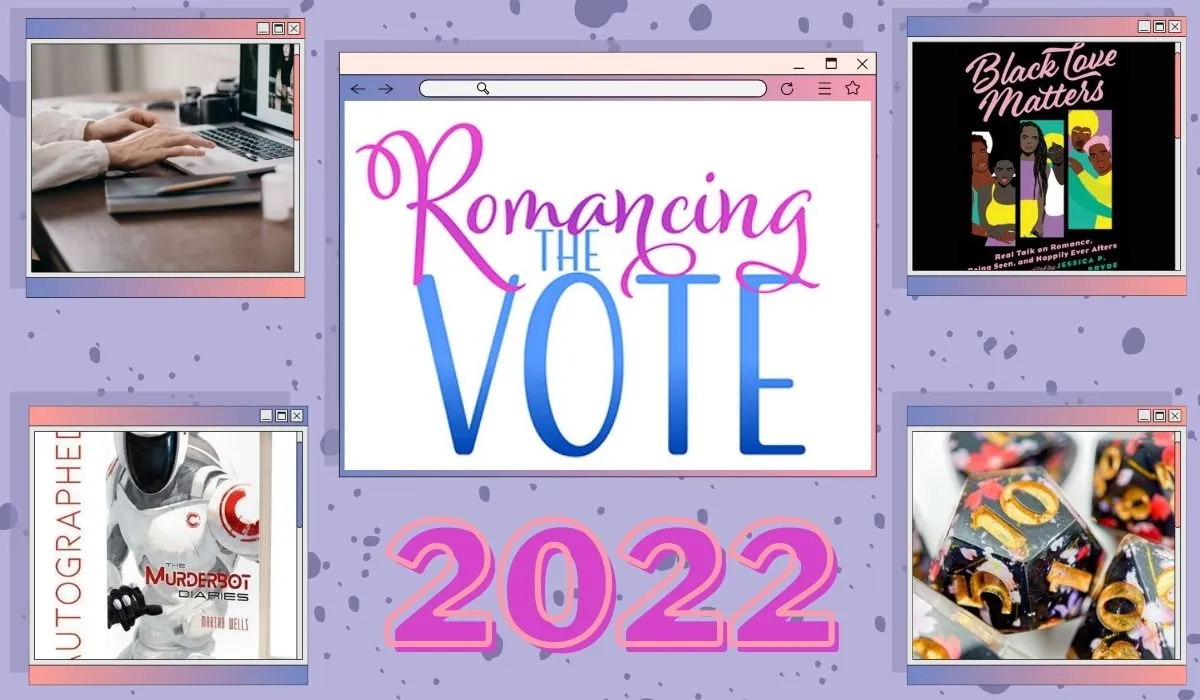 Romancing the Vote logo in a browser window above 2022. Various auction items in open windows. (Image: Romancing The Vote & Alyssa Shotwell.)