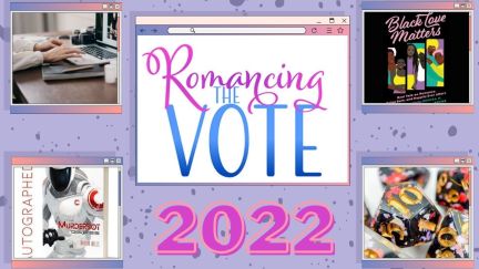 Romancing the Vote logo in a browser window above 2022. Various auction items in open windows. (Image: Romancing The Vote & Alyssa Shotwell.)