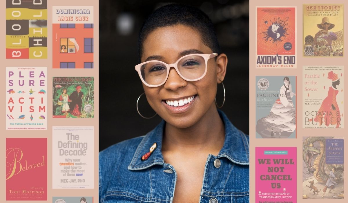 Shey posing headshot and flanked next to a collage of some of their favorite books. (Image: Chris Harding and various publishers.)