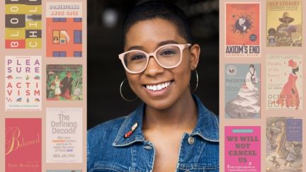 Shey posing headshot and flanked next to a collage of some of their favorite books. (Image: Chris Harding and various publishers.)