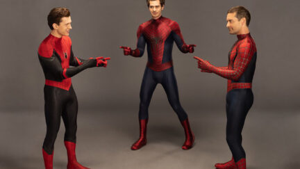 Tom Holland Pointing at Andrew Garfield and tobey Maguire