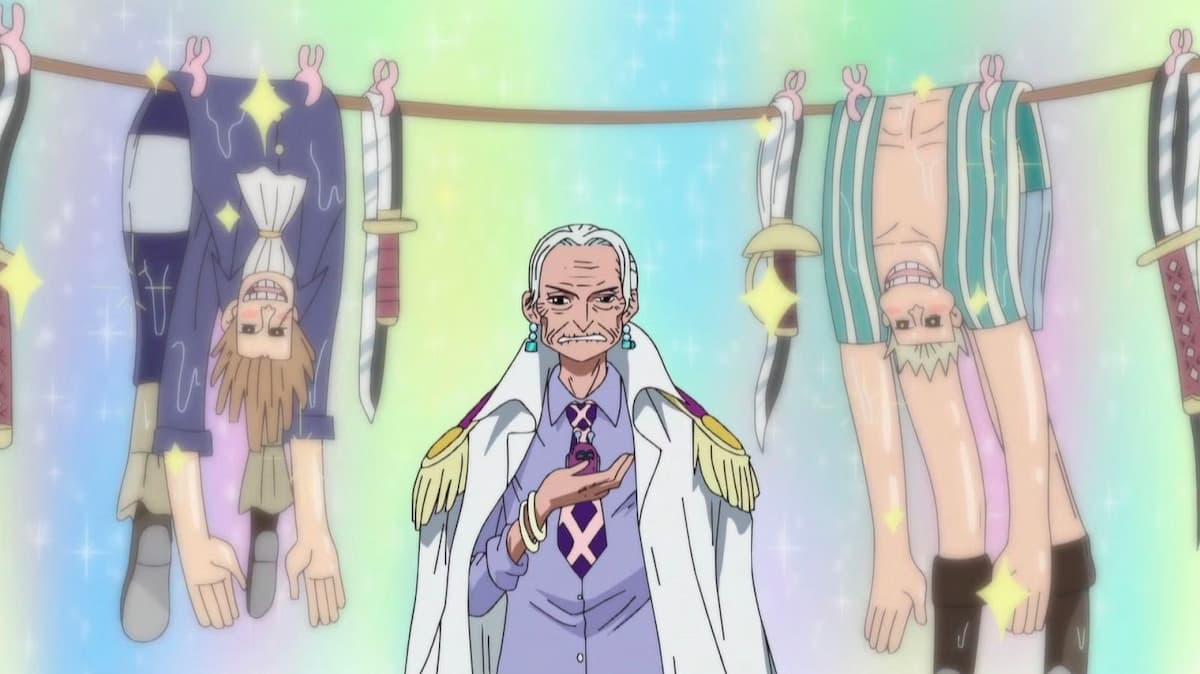 Tsuru hanging up the enemies to dry in One Piece