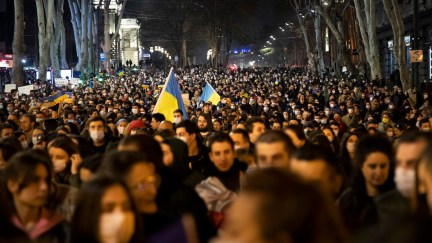 A large crowd of people marches in a pro-Ukraine protest.