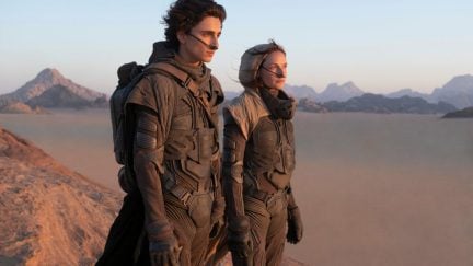 Timothee Chalamet standing in the desert in the movie 'Dune'