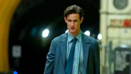 Matt Smith as Loxias Crown in Morbius walking on the subway