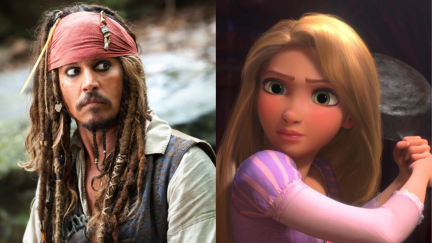 Two pictures side by side of Captain Jack Sparrow (Johnny Depp) in Pirates of the Caribbean: On Stranger Tides and of Rapunzel (voiced by Mandy Moore) in Tangled