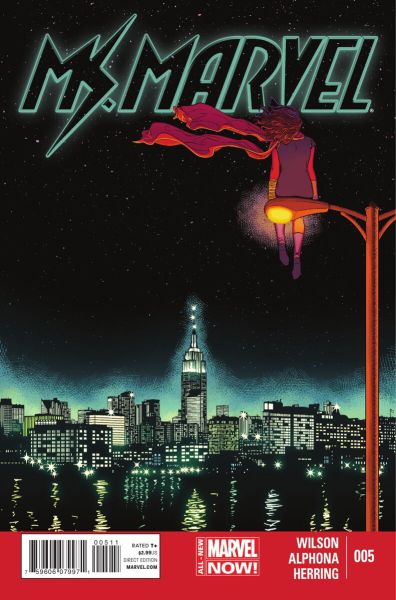 A comic book cover that says Ms. Marvel at the top and has fine print on the bottom. In the illustration, Ms. Marvel sits on top of a street lamp looking out toward Manhattan at night.