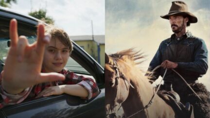 Two movie stills from CODA and The Power of the Dog, starring the two protagonists, Emilia Jones and Benedict Cumberbatch respectively