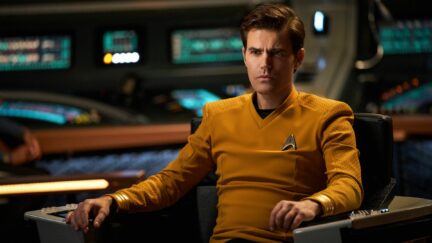 Paul Wesley in the captains chair as James Kirk in Star Trek: Strange New Worlds season 2