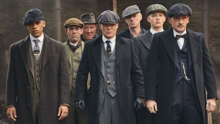 A picture of the Peaky Blinders (including Tommy Shelby played by Cillian Murphy) ready to take action