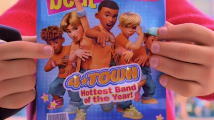 In Pixar's Turning Red, a character holds up an image of the members of the 4 Town Boyband