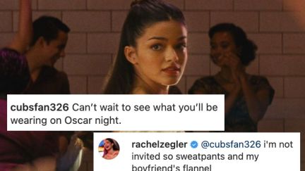 Rachel Zegler in West Side Story with overlaid Instagram comments about her not getting invited to the Oscars.