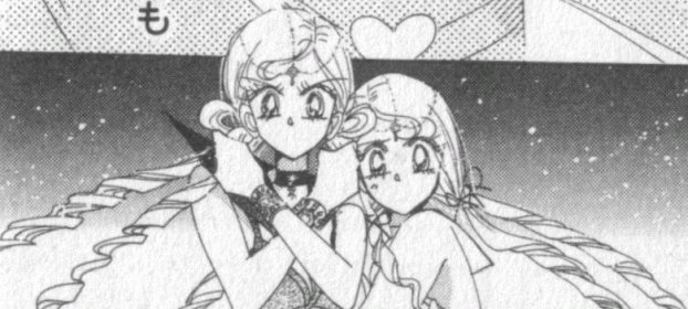 A picture from Naoko Taekuchi's manga Sailor Moon depicting the twin Sailor sisters Sailor Lethe and Sailor Mnemosyne