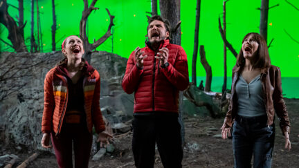 Pedro Pascal, Iris Apatow, and Leslie Mann screaming in The Bubble