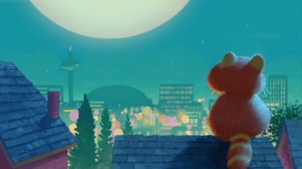 Bill Cone's promo/concept art for Turning Red featuring a giant red panda sitting on a rooftop, taking in the view.