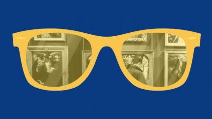 Yellow glasses reflecting someone looking at art. Inspired by Portrait of a Thief book cover. Image: Alyssa Shotwell.