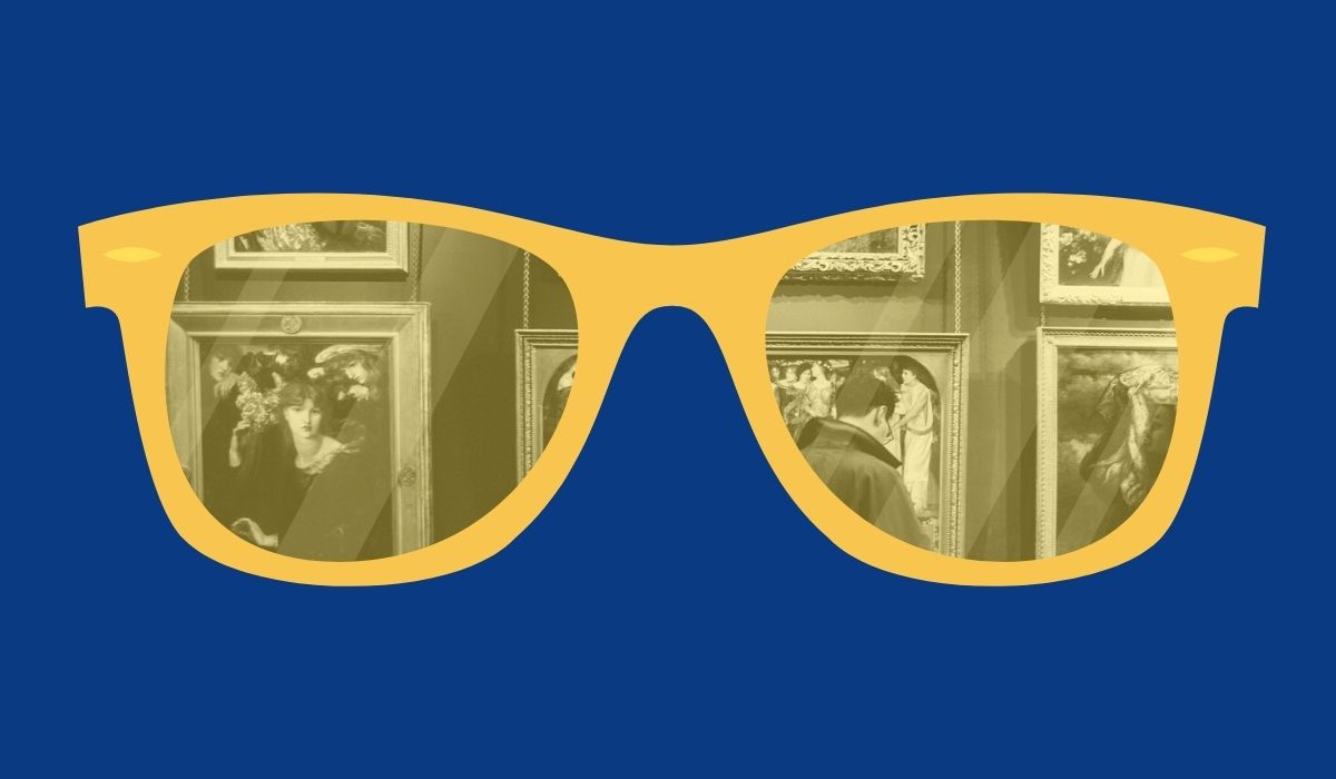 Yellow glasses reflecting someone looking at art. Inspired by Portrait of a Thief book cover. Image: Alyssa Shotwell.