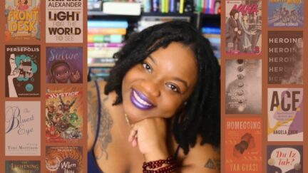 Ashley posing and flanked next to a collage of some of their favorite books. (Image: Ashley and various publishers.)