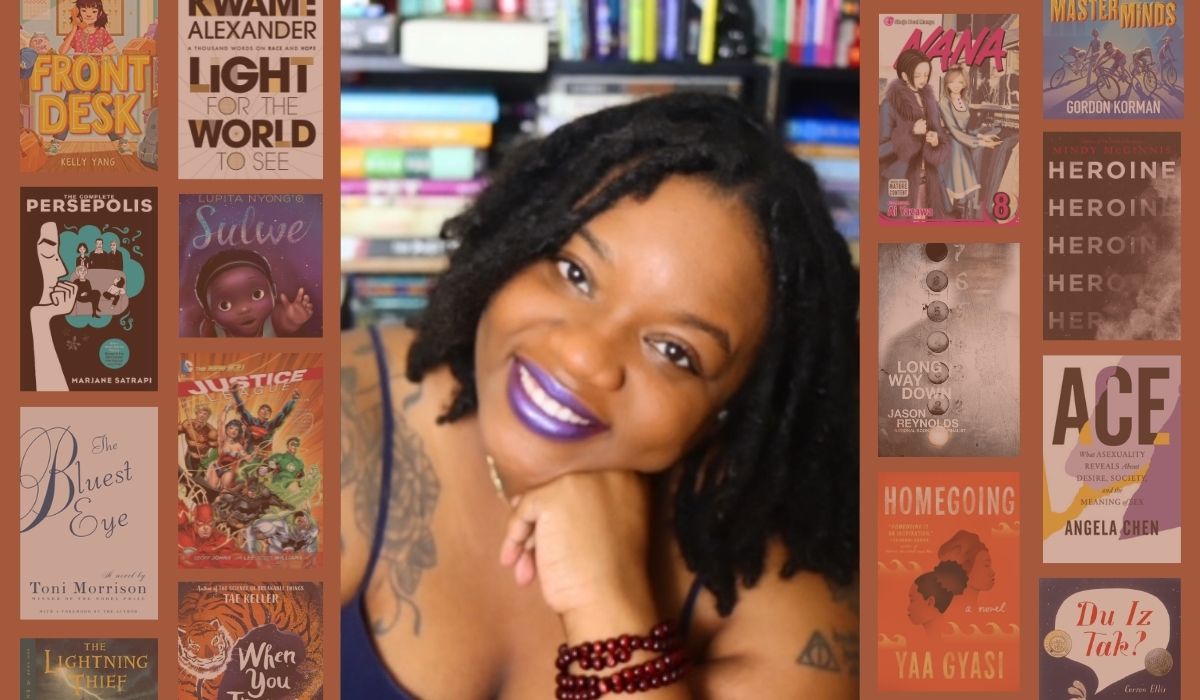 Ashley posing and flanked next to a collage of some of their favorite books. (Image: Ashley and various publishers.)