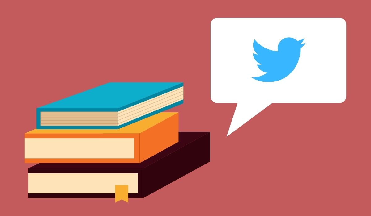 Stack of books next to a speech bubble with the blue Twitter logo. Image: Alyssa Shotwell and Twitter.