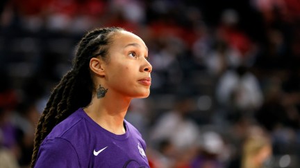 LAS VEGAS, NEVADA - SEPTEMBER 30: Brittney Griner #42 of the Phoenix Mercury warms up before Game Two of the 2021 WNBA Playoffs semifinals against the Las Vegas Aces at Michelob ULTRA Arena on September 30, 2021 in Las Vegas, Nevada. The Mercury defeated the Aces 117-91. NOTE TO USER: User expressly acknowledges and agrees that, by downloading and or using this photograph, User is consenting to the terms and conditions of the Getty Images License Agreement. (Photo by Ethan Miller/Getty Images)