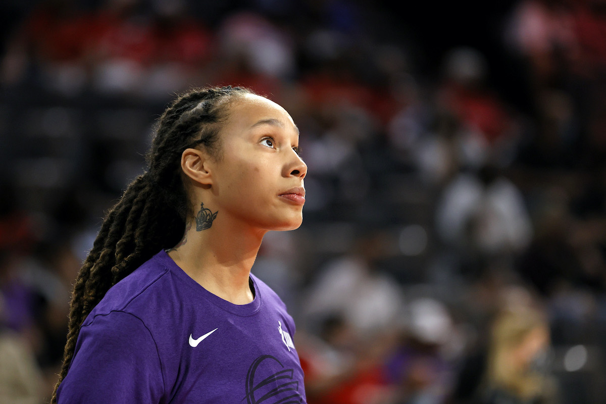 LAS VEGAS, NEVADA - SEPTEMBER 30: Brittney Griner #42 of the Phoenix Mercury warms up before Game Two of the 2021 WNBA Playoffs semifinals against the Las Vegas Aces at Michelob ULTRA Arena on September 30, 2021 in Las Vegas, Nevada. The Mercury defeated the Aces 117-91. NOTE TO USER: User expressly acknowledges and agrees that, by downloading and or using this photograph, User is consenting to the terms and conditions of the Getty Images License Agreement. (Photo by Ethan Miller/Getty Images)