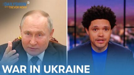 Trevor Noah on the Daily Show with an inset of Vladimir Putin and text that reads 