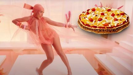 Screencap of Kiss Me More (Official Video) Doja Cat ft. SZA with an image of a floating Mexican Pizza from Taco Bell. Image: RCA Records, Taco Bell, and Alyssa Shotwell.