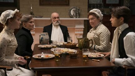 the downstairs of gilded age Simon Jones, Debra Monk, Kristine Nielsen, Taylor Richardson, and Ben Ahlers in The Gilded Age (2022)