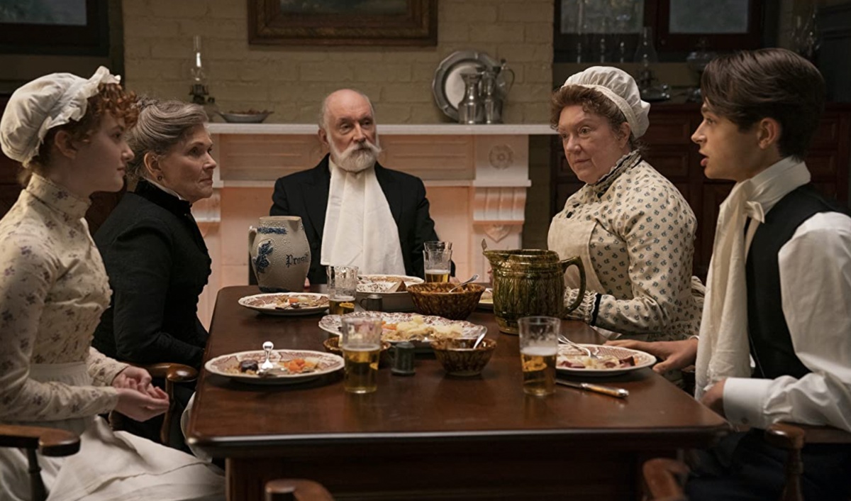 the downstairs of gilded age Simon Jones, Debra Monk, Kristine Nielsen, Taylor Richardson, and Ben Ahlers in The Gilded Age (2022)