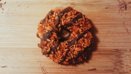 A single Samoa/Caramel DeLite Girl Scout cookie on a table