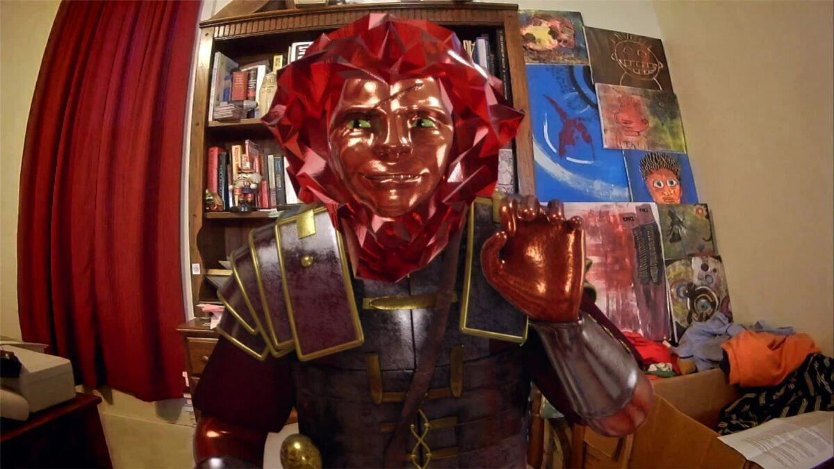 An interviewee in a CGI lion mask