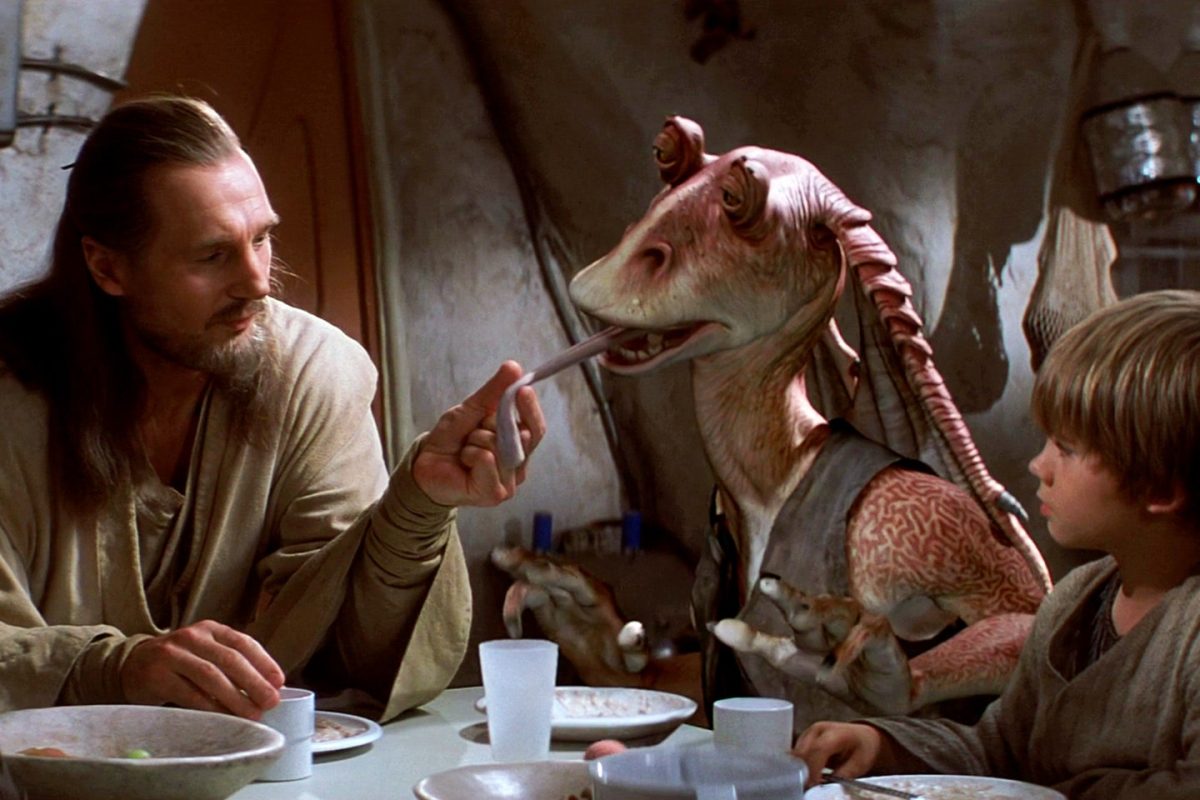 Qui-Gon Jinn grabbing Jar Jar Binks' tongue in Stars Episode 1 the Phantom Menace