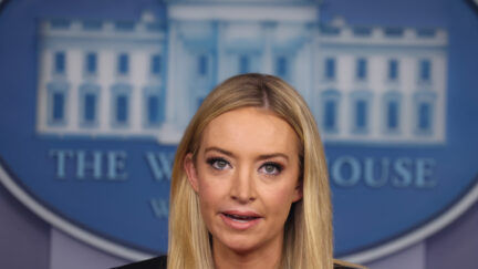 Kayleigh McEnany looks tense while speaking form the White House briefing room