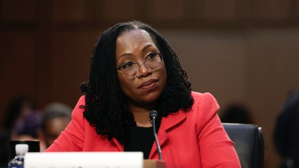 Ketanji Brown Jackson raises an eyebrow while listening during questioning at her senate confirmation hearing