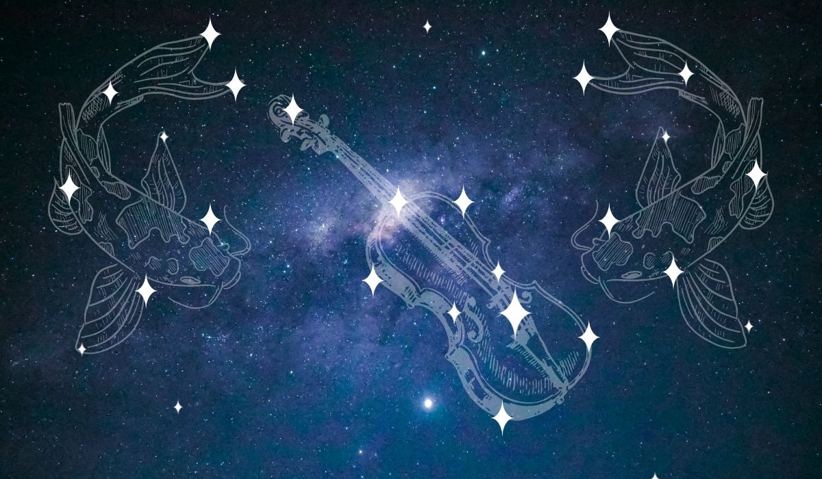 Galaxy showing a (made up) constellation of two koi fish flanking a violin or viola. Image: Nicole Avagliano from Pexels and Alyssa Shotwell (using Canva.) https://www.pexels.com/photo/milk-way-2706654/