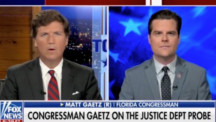 Tucker Carlson makes his confused face while interviewing Matt Gaetz in split screen on Fox News.
