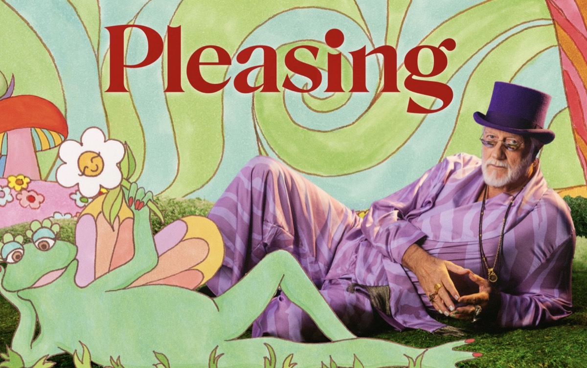 Mick Fleetwood posing in a purple outfit and hat in a psychedelic landscape with a frog.