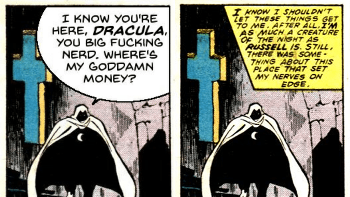 The same panel of a Moon Knight comic is repeated twice. Moon Knight walks through a dark castle with a large cross behind him.
