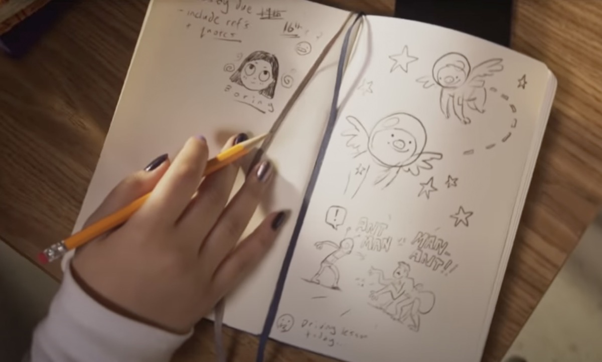 Kamala Khan's notebook featuring doodles of winged sloths and Ant-Man in the Ms. Marvel trailer.