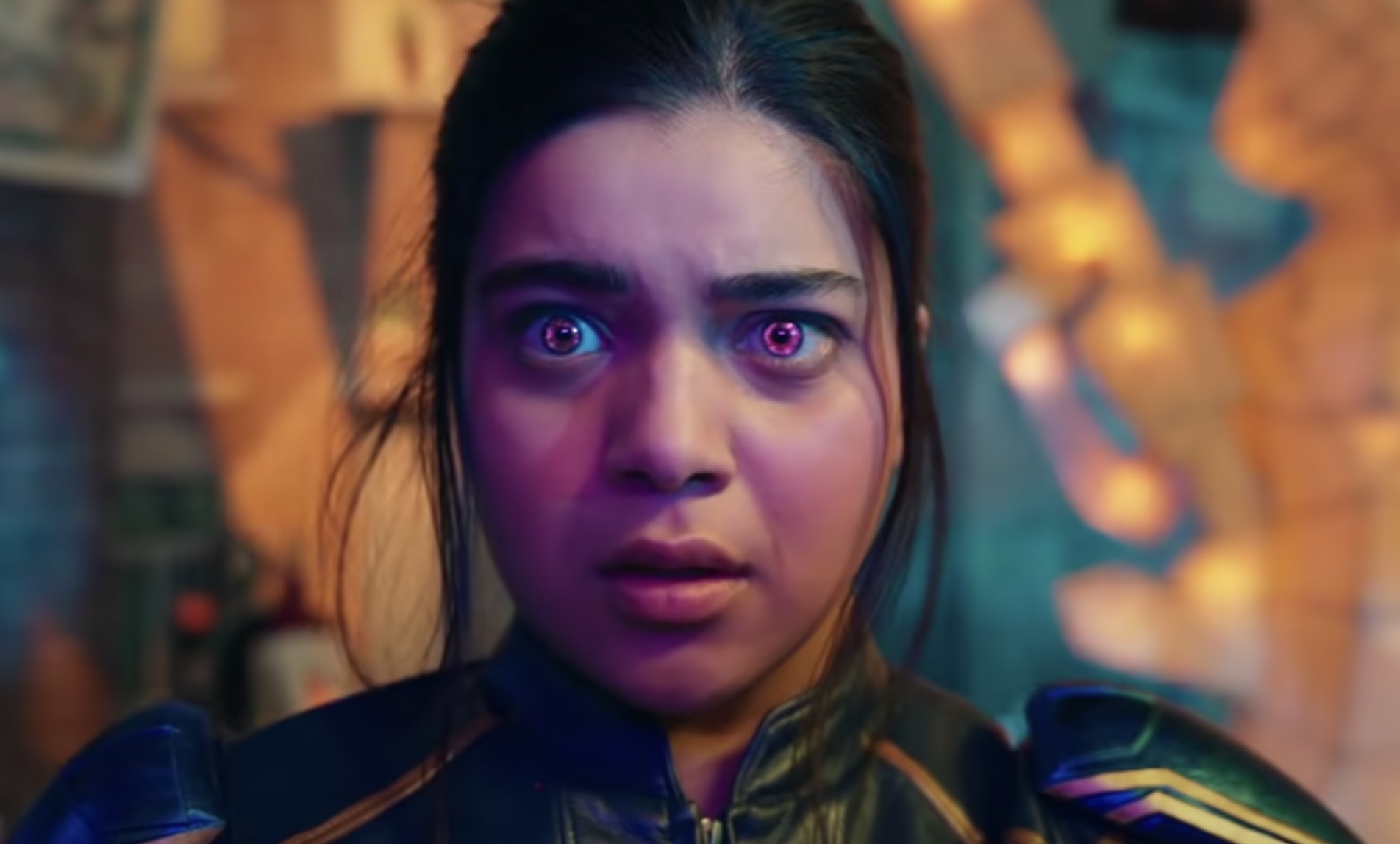 Kamala Khan with glowing eyes in the Ms. Marvel trailer.
