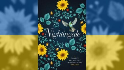 Nightingale An Anthology for Ukraine book over a Ukraine blue and yellow flag. Image: Book Beautiful and Alyssa Shotwell.