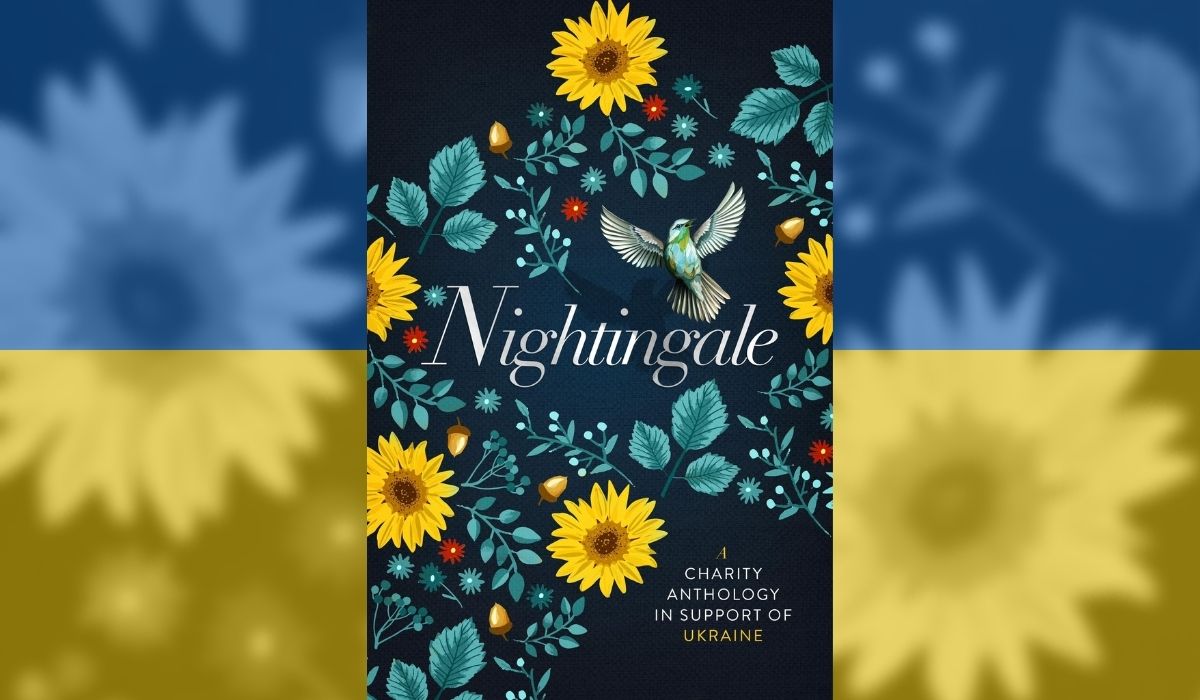 Nightingale An Anthology for Ukraine book over a Ukraine blue and yellow flag. Image: Book Beautiful and Alyssa Shotwell.