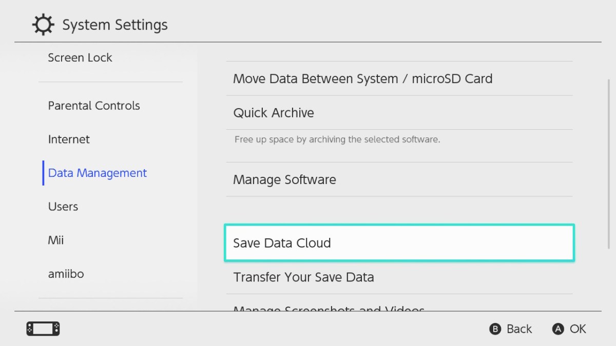 Nintendo Switch data management settings.