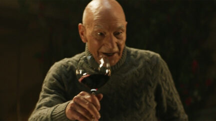Jean Luc Picard holding a wine glass