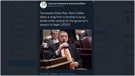 Tennessee State Rep. Kent Calfee drinks from Hershey's Syrup Bottle