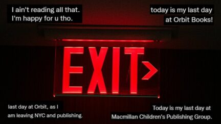 Cropped screenshots showing people leaving publishing in front of an exit sign. Image: Tony Webster via Flickr and screencaps.