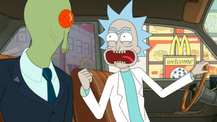 Rick from Rick and Morty in a car, yelling at an alien in a McDonald's Drive-thru
