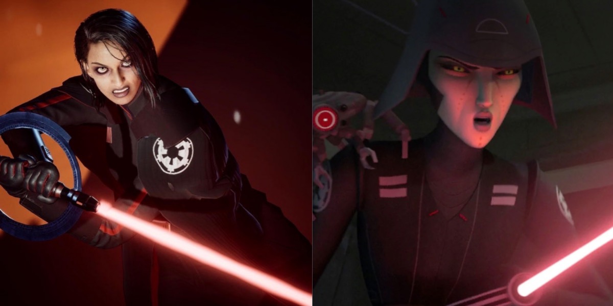 the second sister and seventh sister wielding their red lightsabers
